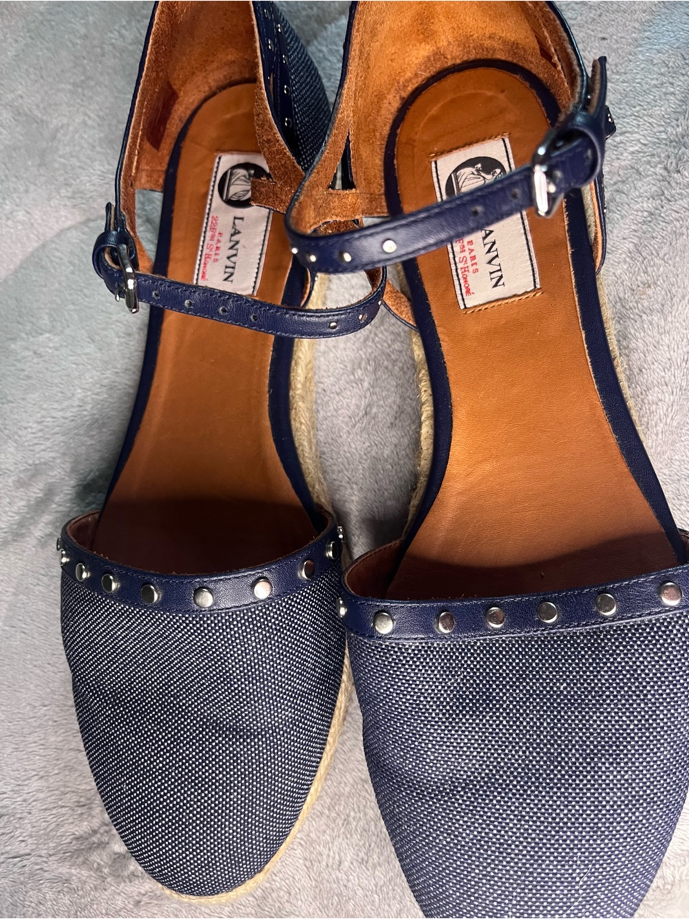 Lanvin Navy Studded Espadrille Mules with Ankle Strap